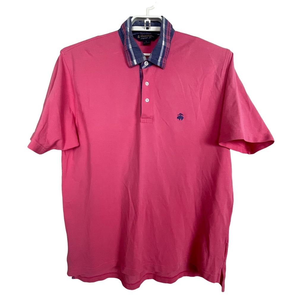 Brooks Brothers Polo Shirt Mens Large Pink Plaid Collar Cotton Original Fit Logo